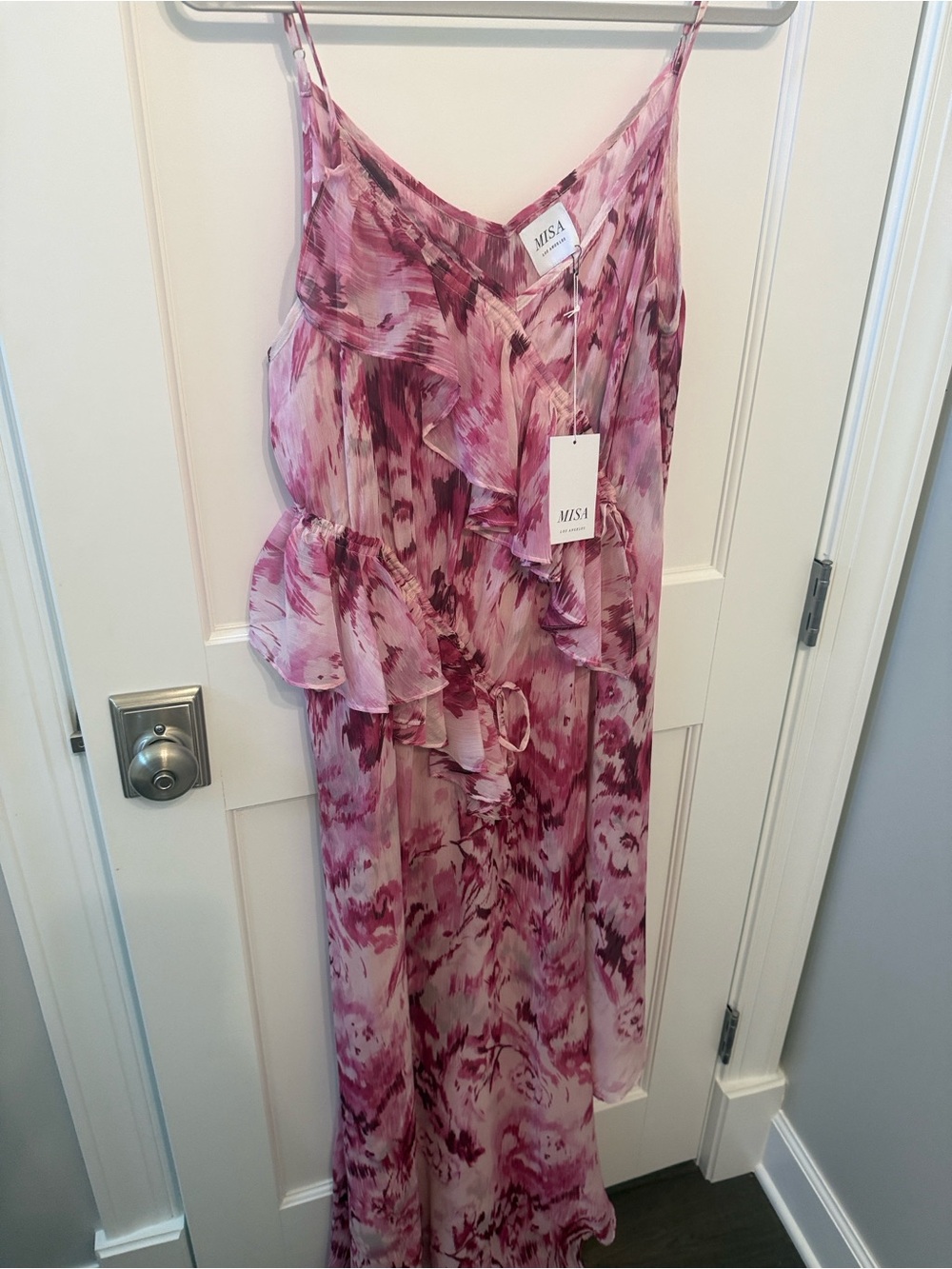Misa Los Angeles Pink & Magenta Watercolor Ruffle Dress
